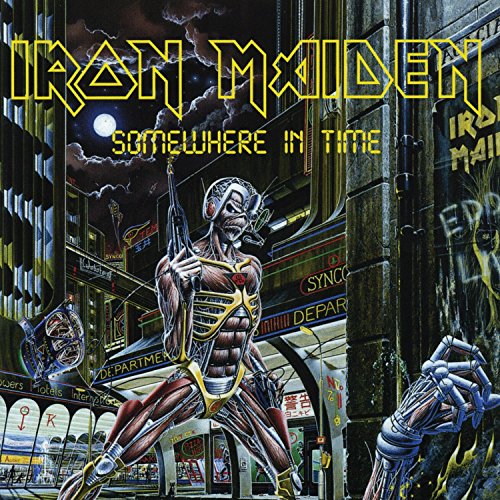 Iron Maiden “Somewhere In Time” album cover with robotic figure in a city.
