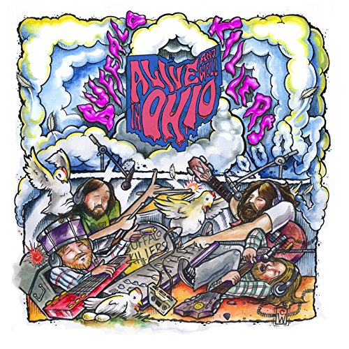 Colorful illustration of musicians with chickens and recording equipment.
