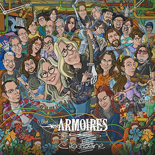 CD cover: Cartoon group portrait with musicians and colorful floral elements.