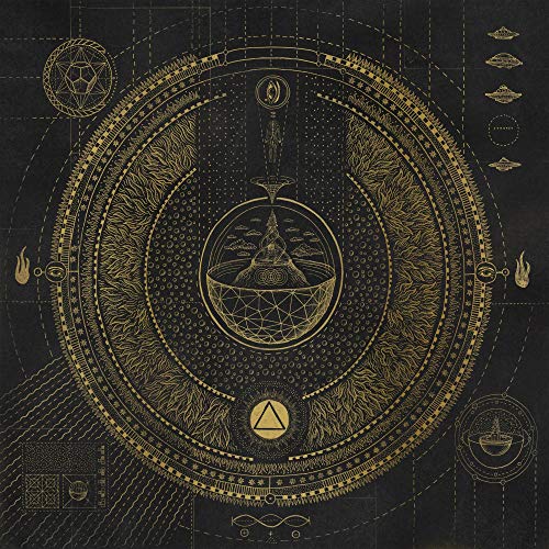 Intricate gold geometric and organic design on a dark background.