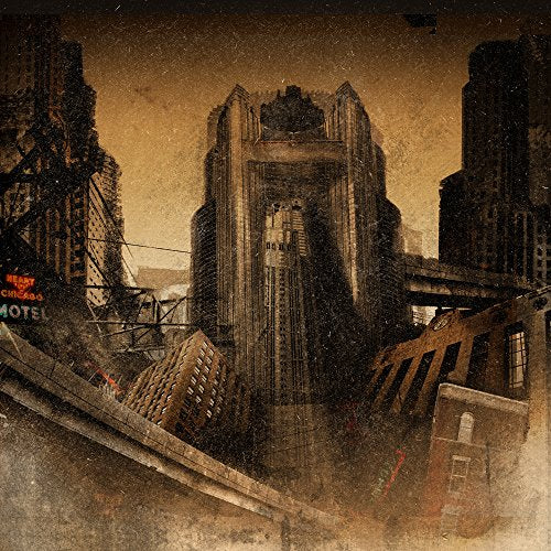 Distressed, sepia-toned illustration of a crumbling, futuristic cityscape.