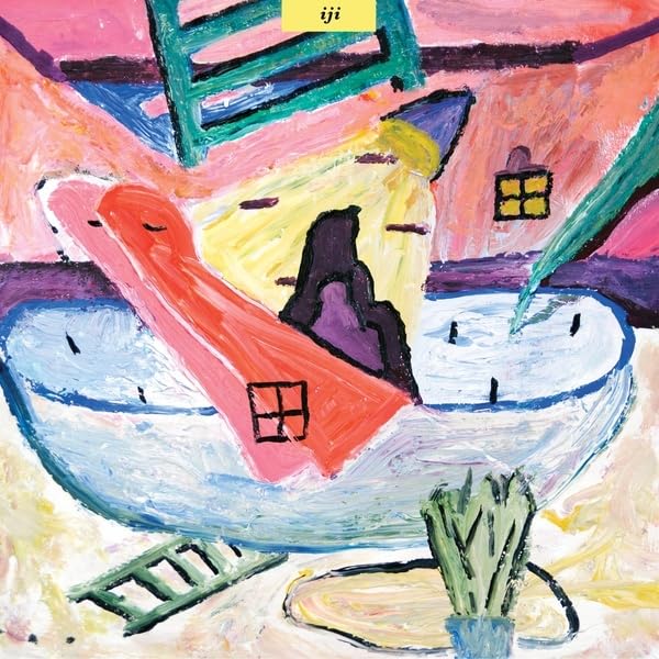 Abstract painting of colorful buildings, ladders, and green plants.