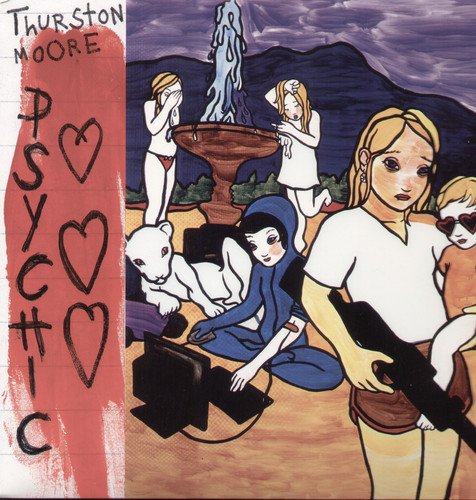 Album cover for Thurston Moore’s “Psychic Hearts” with surreal, colorful illustration.