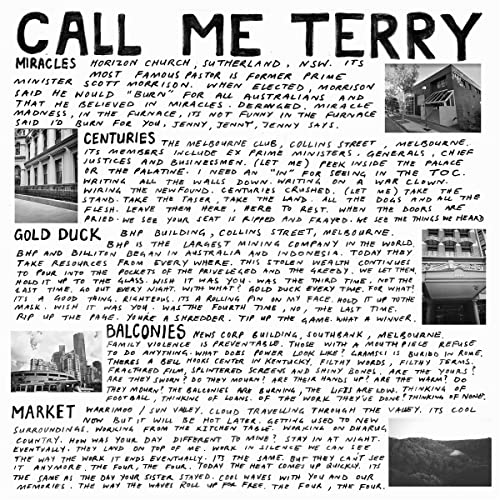 CD cover for “Call Me Terry” featuring collage of text and building image.