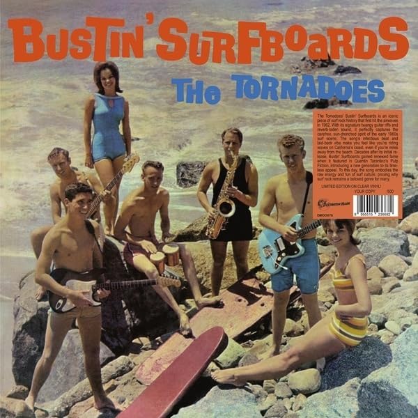 1960s band The Tornadoes album cover with beach and surfboards.