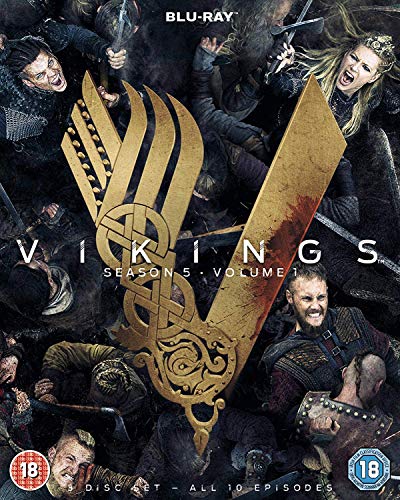 Vikings Season 5 Part 1 Blu-ray cover with warriors and Norse symbol.