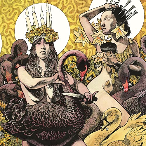 Illustration of two figures with swans, candles, and floral headwear.