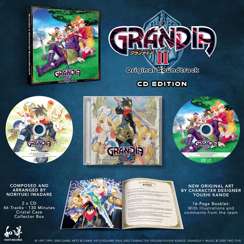 Grandia II" soundtrack CD edition with game art and composer Noriyuki Iwadare.
