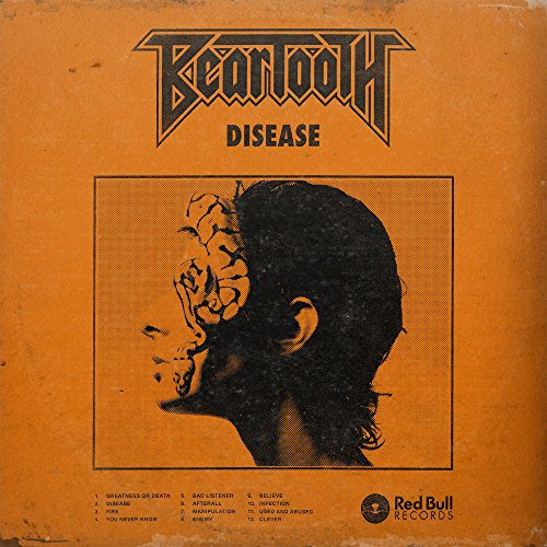 Beartooth "Disease" CD cover: orange background, distressed face illustration, tracklist.