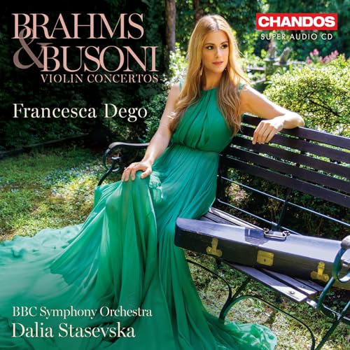 CD cover: violinist Francesca Dego in green dress, with violin case.