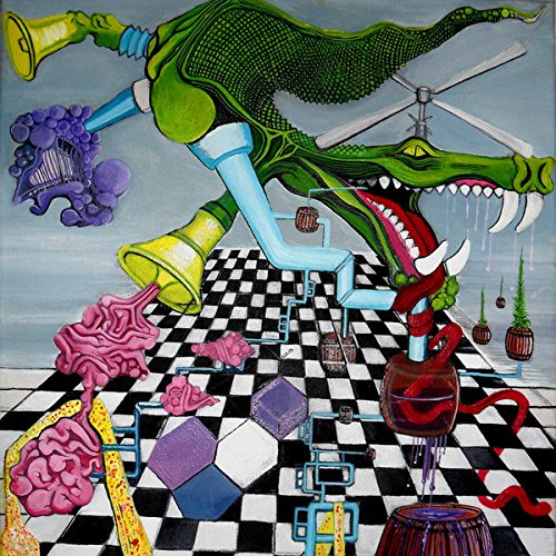 Surreal painting of a green crocodile-dragon hybrid with musical instruments.