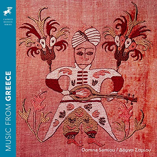 CD cover: embroidered figure playing a stringed instrument, Greek design.