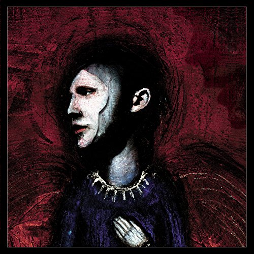 A pale, masked figure in a dark robe against a textured, deep red background.