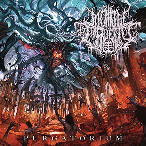 Dark, chaotic album art depicting a burning city and monstrous figure.
