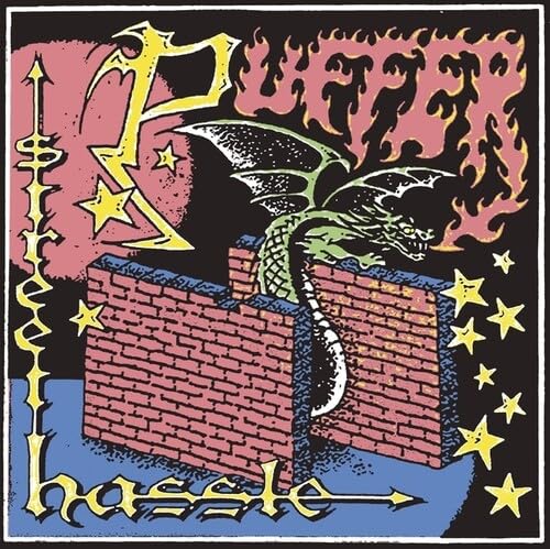 Album cover: a green dragon perched on a brick wall, with flames and stars.