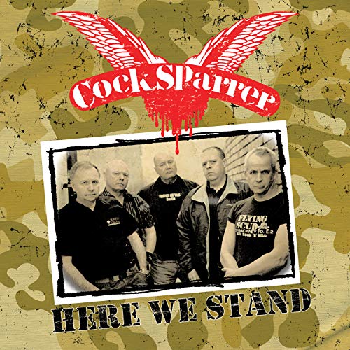 Cock Sparrer album cover: band photo over camouflage background with red wings.
