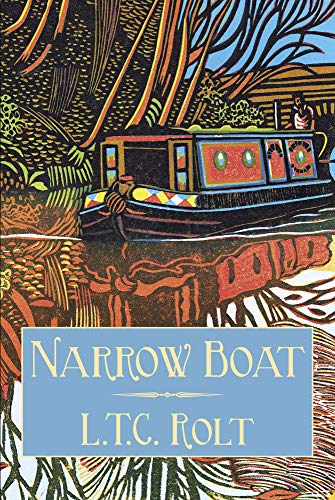 Woodcut-style illustration of a narrow boat on a canal with title text below.