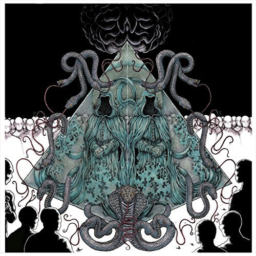 Pyramid with faces and snakes, silhouetted figures below, dark background.