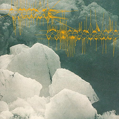 Mountain landscape with abstract gold geometric design overlaying a textured background.
