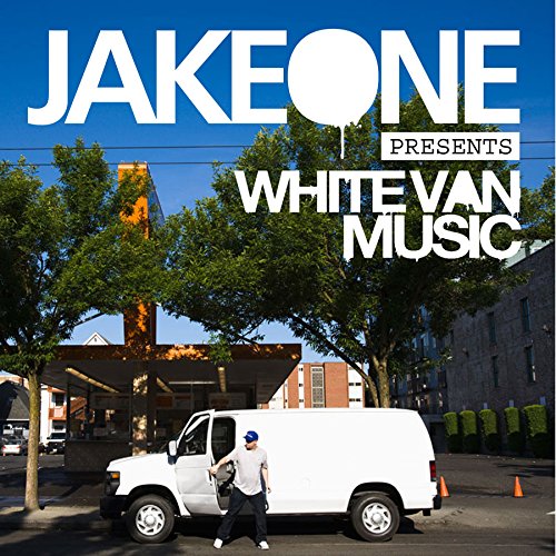 Album cover for Jake One’s “White Van Music” featuring a white van and trees.