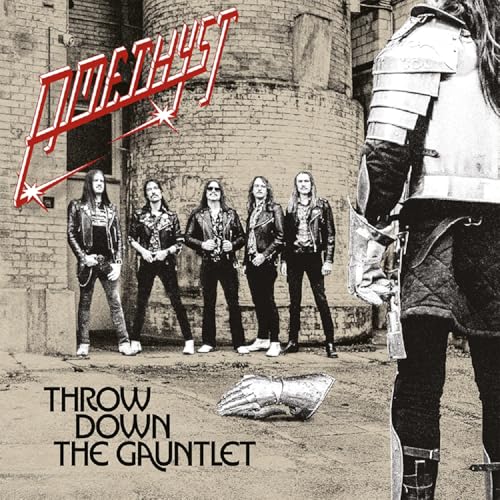 CD cover for Amethyst’s “Throw Down The Gauntlet” featuring a band and gauntlet.