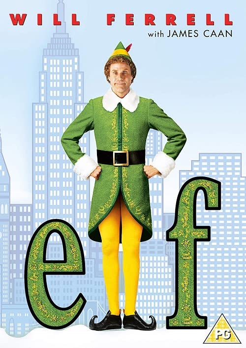 Elf DVD cover featuring Will Ferrell in green elf costume, city backdrop.