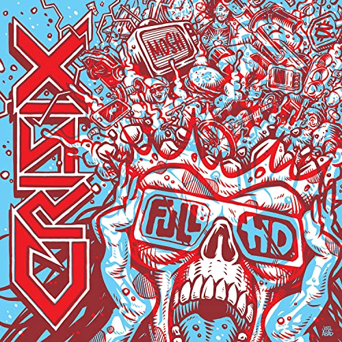 Red and blue illustrated skull with “Full HD” text and electronic devices.