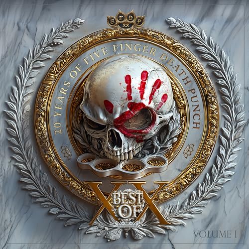 Skull with red handprints, encircled by a laurel wreath and gold frame.