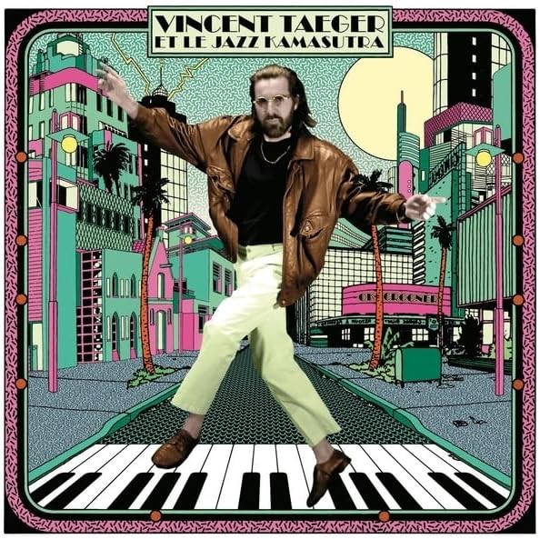 CD cover: man in brown jacket posing on a piano keyboard street.