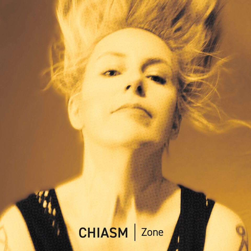 CD cover: Woman with tousled blonde hair, sepia tone, text "Chiasm - Zone".