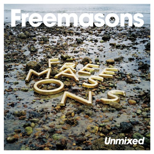 CD cover for Freemasons’ “Unmixed” album, with gold lettering on a beach.