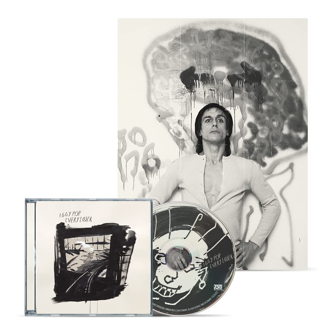 Iggy Pop "EVERY LOSER" CD case and disc with black and white portrait.