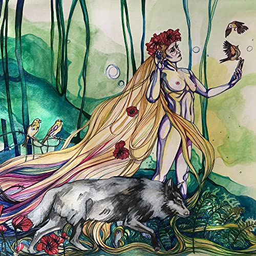 Watercolor painting of a nude woman, birds, and a wolf in a forest.