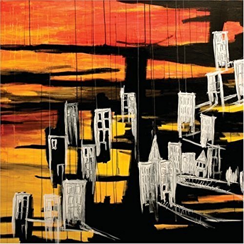 Abstract painting of doors and windows suspended in orange and black.