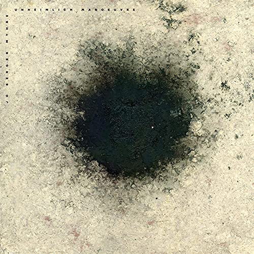 Vinyl record cover with abstract dark center and textured beige background.