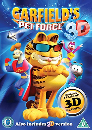 DVD cover for Garfield's Pet Force featuring Garfield and friends in 3D superhero costumes.
