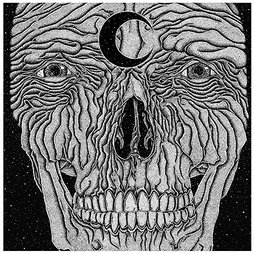 Black and white illustration of a skull with a crescent moon.