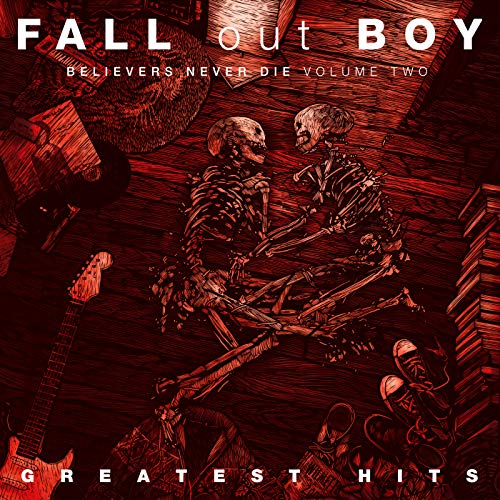 Red album cover featuring two skeletons embracing amidst musical instruments.