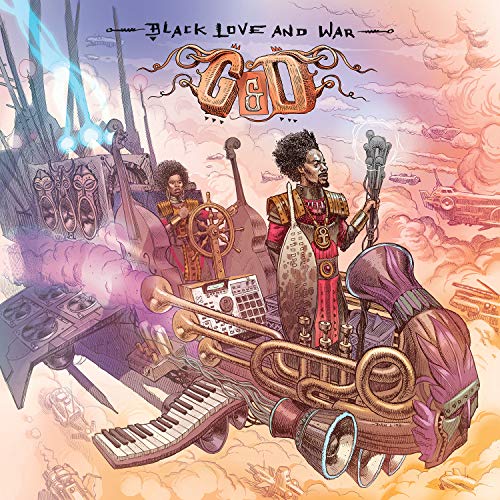Album cover for “Black Love & War” by G & D, illustrated with figures and instruments.