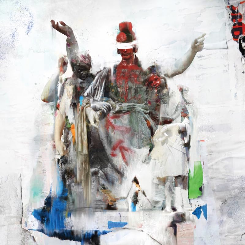 Abstract painting of fragmented statues with red and blue brushstrokes.