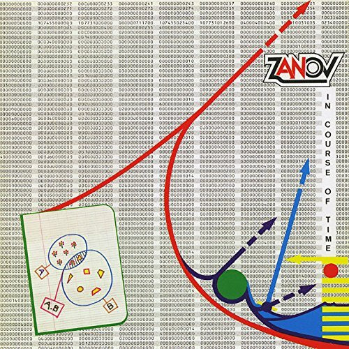 Vinyl record cover with binary code, curved lines, and geometric shapes.
