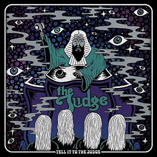 Psychedelic album cover featuring a judge with floating eyes and figures.