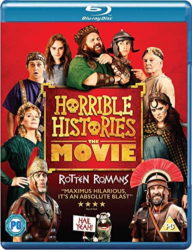 Cast members in Roman costumes pose against a red background on this movie cover.