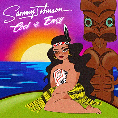 CD cover art: cartoon woman and tiki statues against sunset.