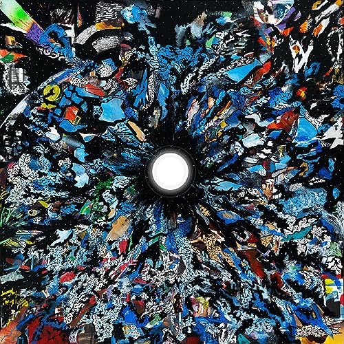 Abstract album cover with swirling blue and black patterns, central white circle.