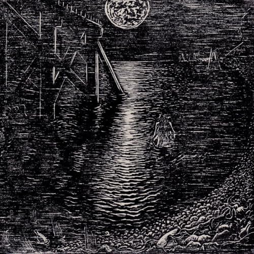 Black and white illustration of a figure by water and structures.