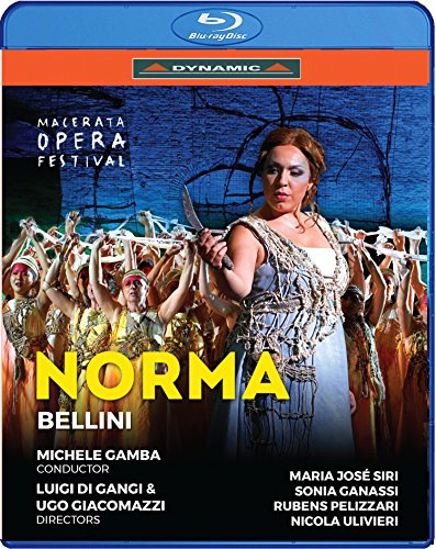 Blu-ray cover for Bellini's Norma featuring a woman holding a knife among performers.