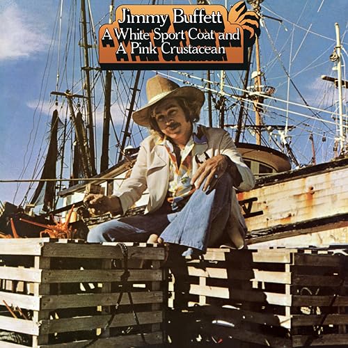 Jimmy Buffett album cover: man in white coat by boats and crates.
