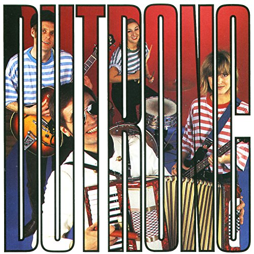 Band portrait with instruments framed by bold red vertical stripes.