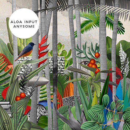 CD cover with collage of tropical plants, a bird, and animal prints.